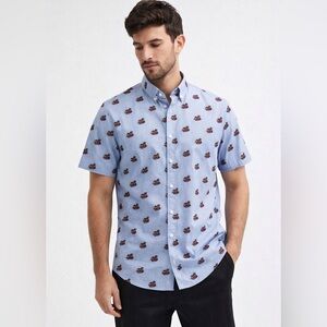 ZARA Men’s Short Sleeve Button Down Shirt | Blue Mom Heart Print